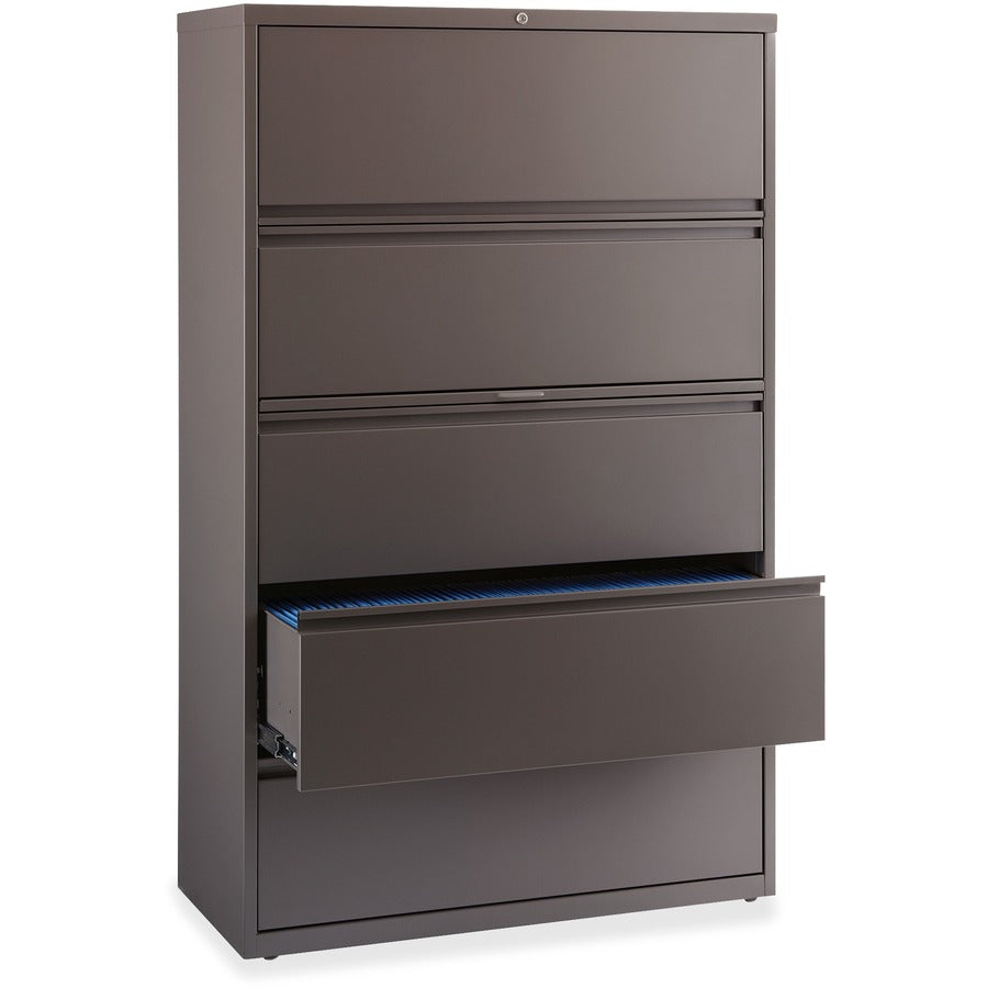 Lorell Fortress Series Lateral File with Roll-out Posting Shelf, 42"W x 18.6"D x 67.6"H, 1 Shelf, 5 Drawers, Medium Tone Steel, Recycled Content, Greenguard Certified, Packaged Quantity: 1 Each