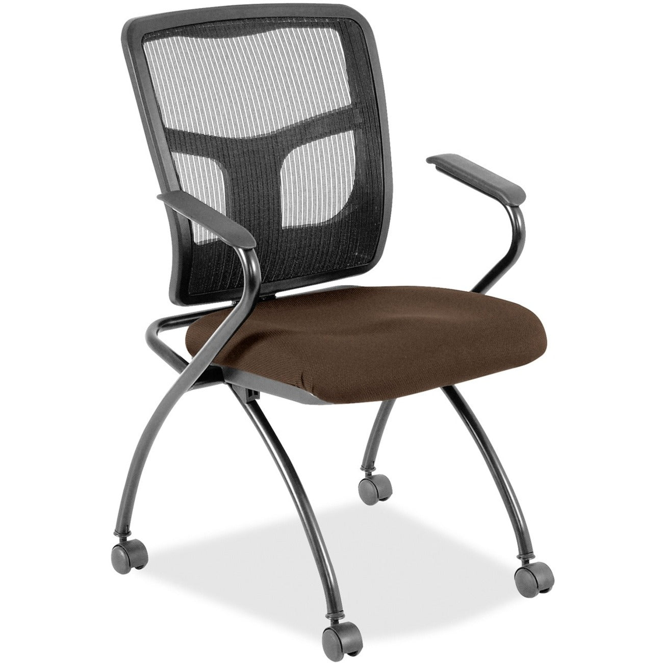Lorell Mesh Back Nesting Training/Guest Chairs - Canyon Mudslide Seat Color - Vinyl Seat Material - Black Back Color - Mesh Back Material - Gray Frame Color - Metal Frame Material - Four-legged Base - Armrest - 2 / Carton