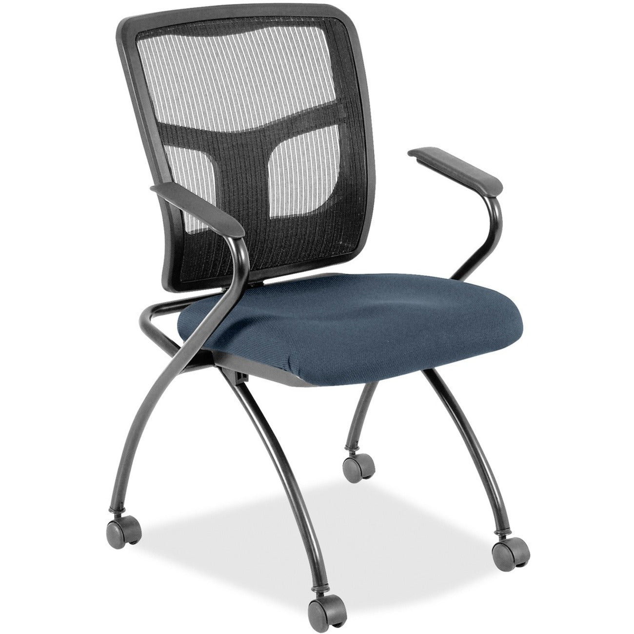 Lorell Mesh Back Nesting Training/Guest Chairs - Shire Chesapeake Seat Color - Fabric Seat Material - Powder Coated Frame Color - Metal Frame Material - Four-legged Base - Black - Mesh - Armrest - 2 / Carton