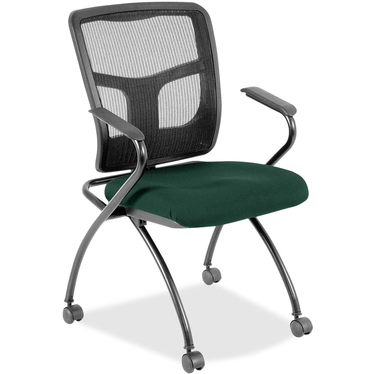 Lorell Mesh Back Nesting Training/Guest Chairs - Insight Forest Seat Color - Fabric Seat Material - Powder Coated Frame Color - Metal Frame Material - Four-legged Base - Black - Mesh - Armrest - 2 / Carton