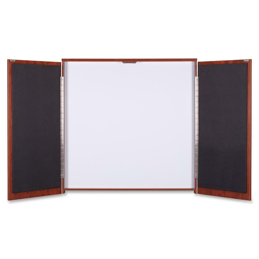 Lorell Dry-erase Whiteboard Presentation Cabinet, Hinged Door, 47.3" x 47.3" x 4.8", Cherry Finish, 1 Each
