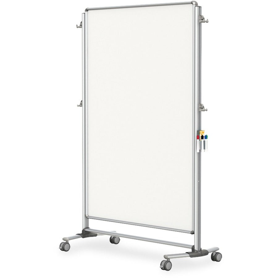 Ghent Partition, 46.5" x 65", White Porcelain, Aluminum Frame, Rectangle, Floor Standing, Magnetic, Double-Sided, Locking Casters, Accessory Holder, Adjustable Leg, 1 Each