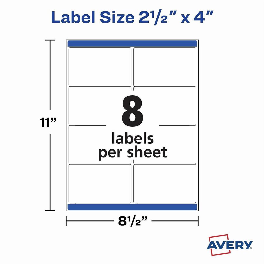 x 2 1/2" Width x 4" Length - Permanent Adhesive - Rectangle - Laser - Matte - White - Paper - Durable, Smudge-free, Jam-free - 8 / Sheet - 100 Total Sheets - 800 Total Label(s) - For Label Printer - 800 / Box