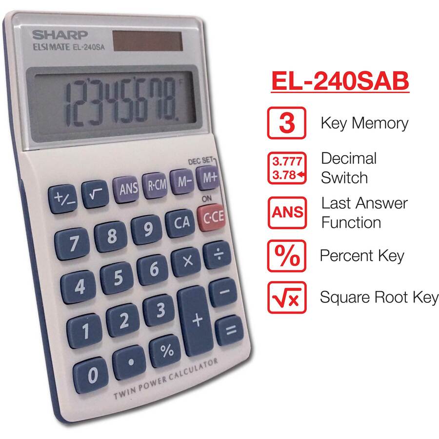 3-Key Memory, Sign Change, Auto Power Off - 8 Digits - LCD - Battery/Solar Powered - 1 x LR1130 - 0.7" Height x 2.8" Width x 4.6" Depth - Gray, Blue - 1 Each