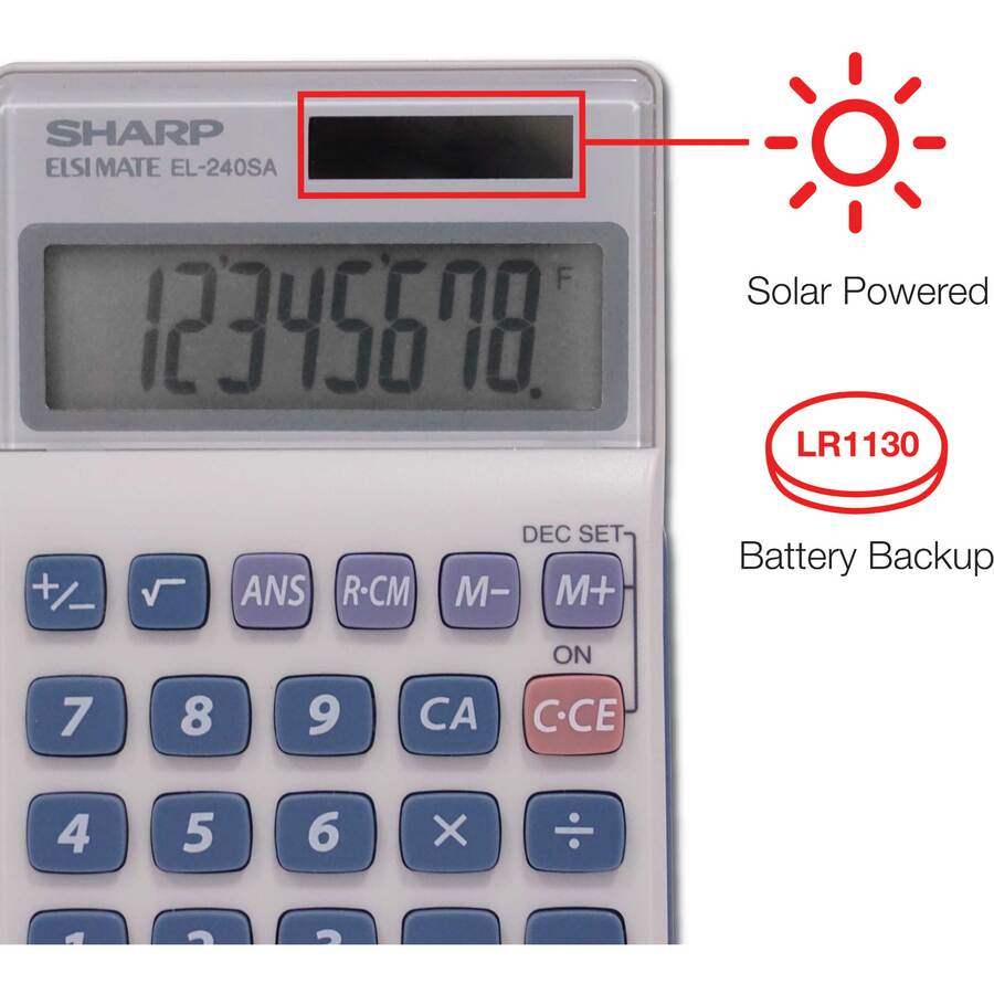 3-Key Memory, Sign Change, Auto Power Off - 8 Digits - LCD - Battery/Solar Powered - 1 x LR1130 - 0.7" Height x 2.8" Width x 4.6" Depth - Gray, Blue - 1 Each