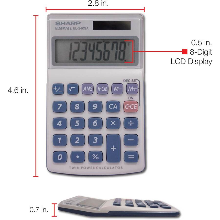 3-Key Memory, Sign Change, Auto Power Off - 8 Digits - LCD - Battery/Solar Powered - 1 x LR1130 - 0.7" Height x 2.8" Width x 4.6" Depth - Gray, Blue - 1 Each