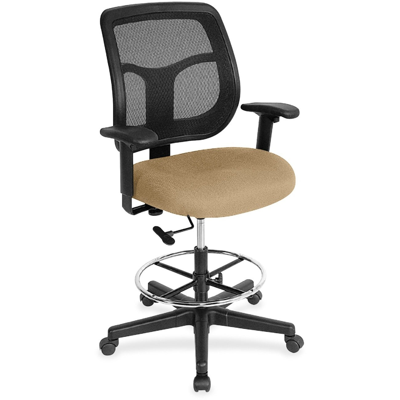 Eurotech Apollo DFT9800 Drafting Stool, Perfection Beige Fabric Seat, Black Mesh Back, Chrome/Black 5-Star Base, Adjustable Height, 1 Each