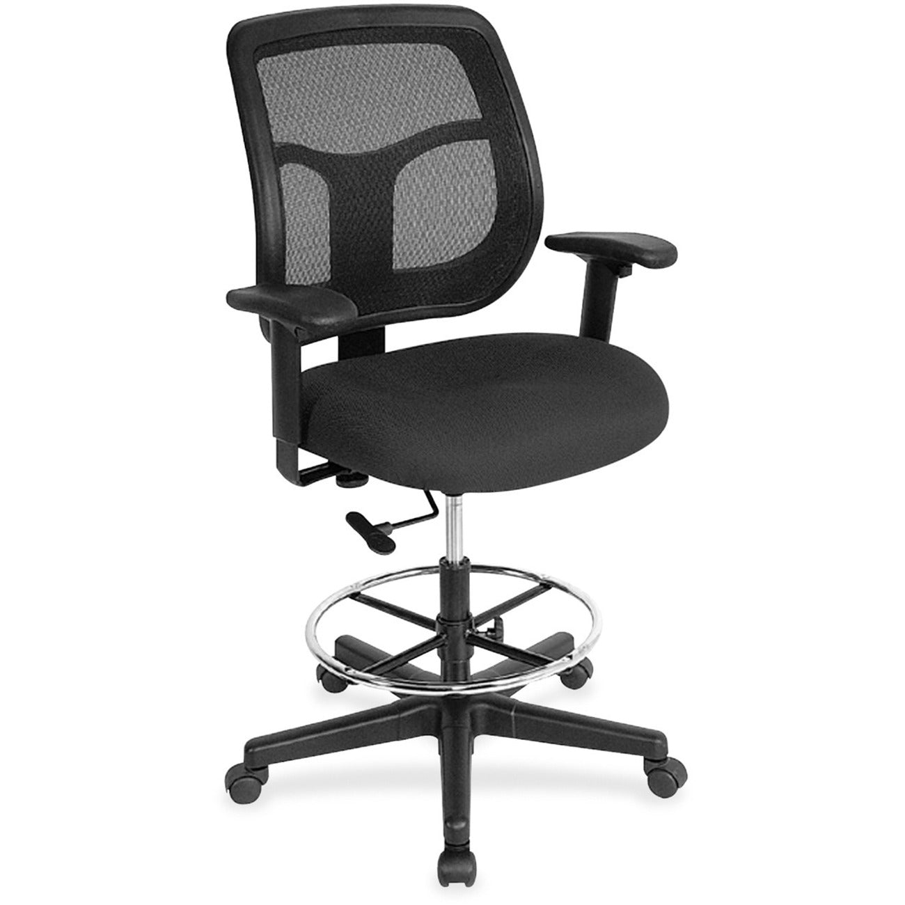 Eurotech Apollo DFT9800 Drafting Stool, Tuxedo Fabric Seat, Mesh Back, 5-Star Base, Adjustable Height, Black, 1 Each