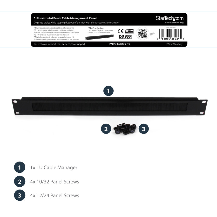 StarTech.com 1U Brush Strip Horizontal Server Rack Cable Management Panel