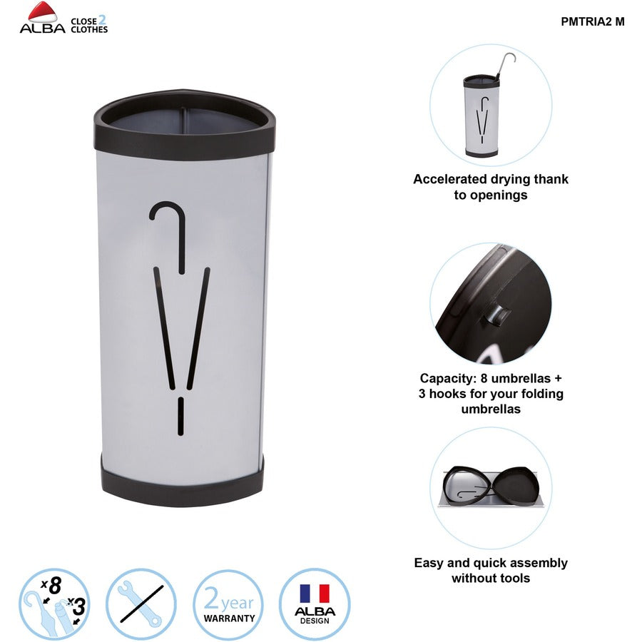 Alba Large Triangular Umbrella Stand - 25.4" Height x 6.1" Width x 13" Depth - Steel, ABS Plastic - Black, Gray - 1 Each