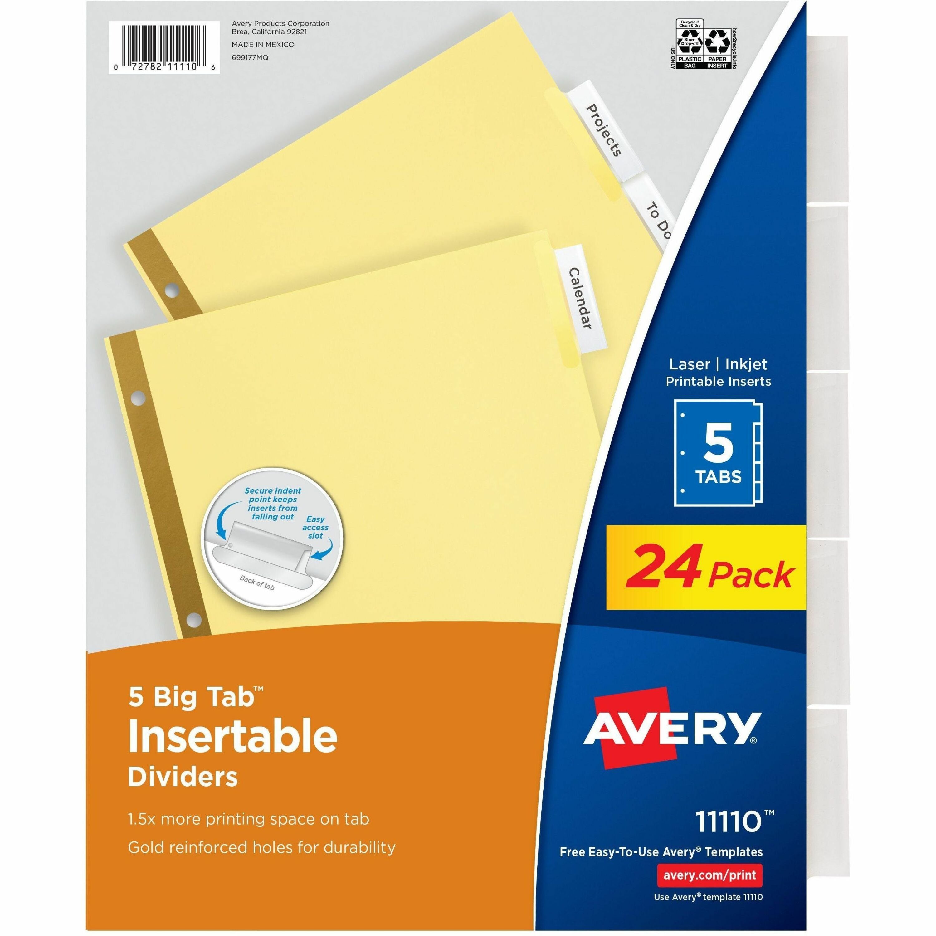 Avery Big Tab Insertable Dividers, 120 Dividers, 5 Tabs per Set, Letter Size, Buff, Clear Plastic/Paper Tabs, 3-Hole Punched, 1 Box