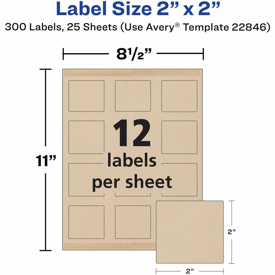 Avery Easy Peel Square Waterproof Labels, 2" x 2", Matte Kraft Brown, Permanent Adhesive, Inkjet/Laser Compatible, 12 Labels/Sheet, 12 Sheets, 300 Labels/Pack