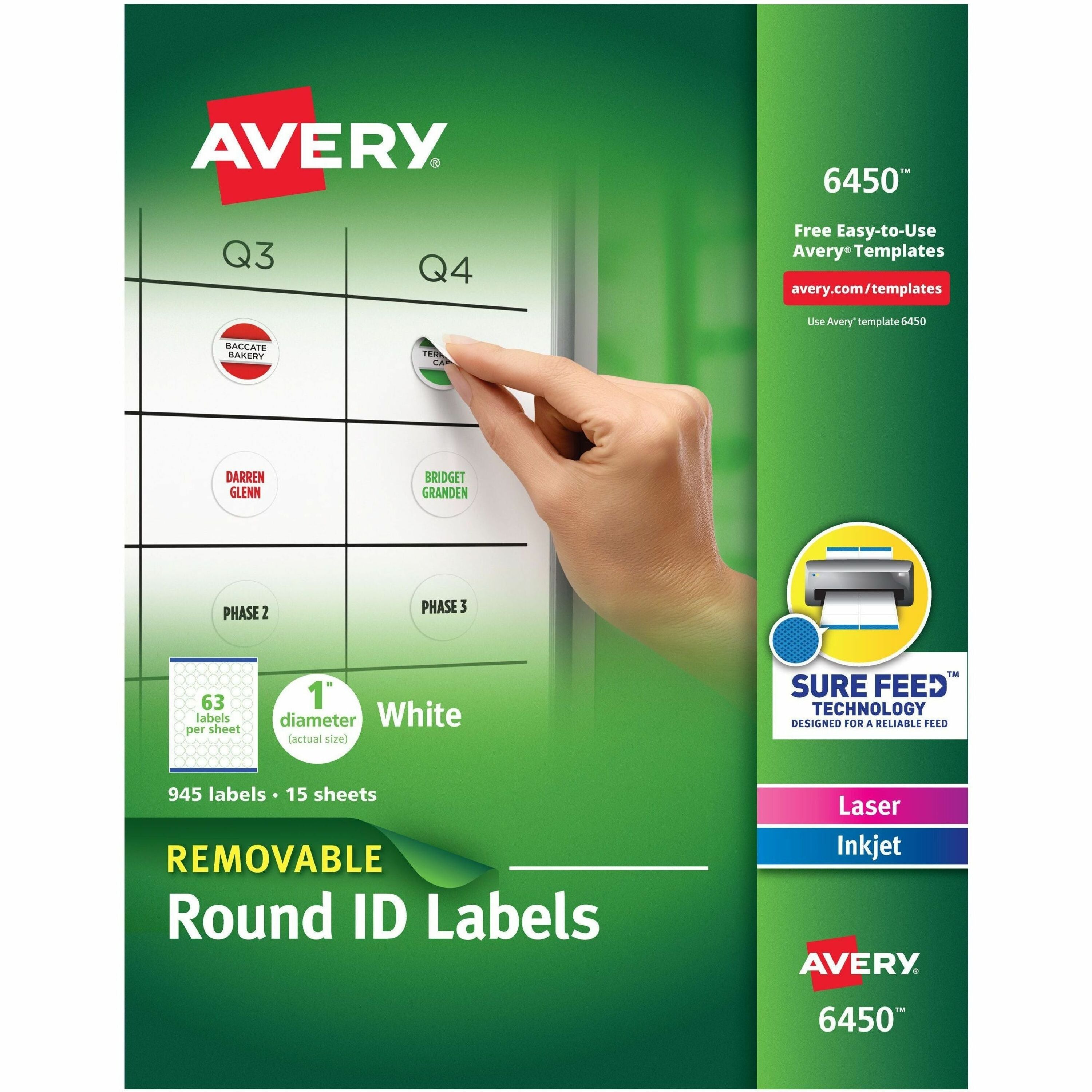 1" Diameter - Removable Adhesive - Round - Inkjet, Laser - White - Paper - Jam Resistant, PVC-free, Removable, Residue-free - 63 / Sheet - 15 Total Sheets - 945 Total Label(s) - 945 / Pack
