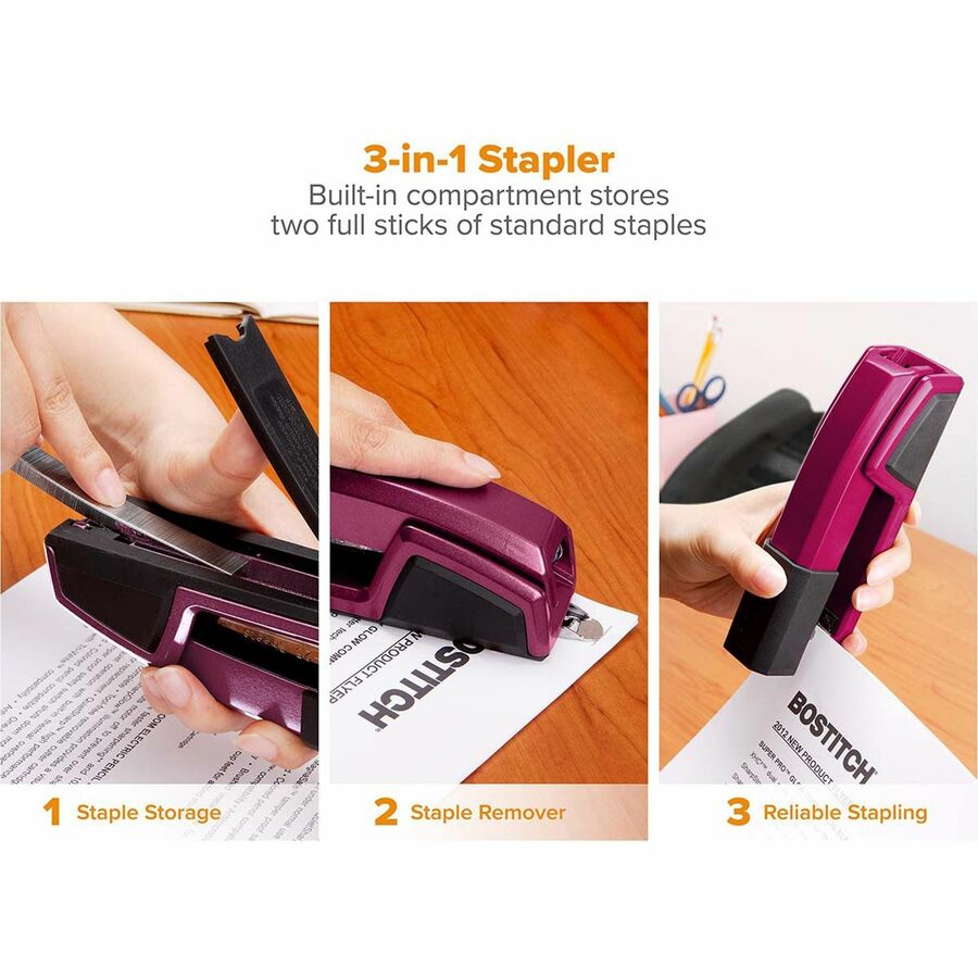 Bostitch Epic Antimicrobial Office Stapler - Staples Upto 25 Sheet - Holds Upto 210 Staple - Full Strip - Magenta - Rubber, Rubber, Metal - 1 Each