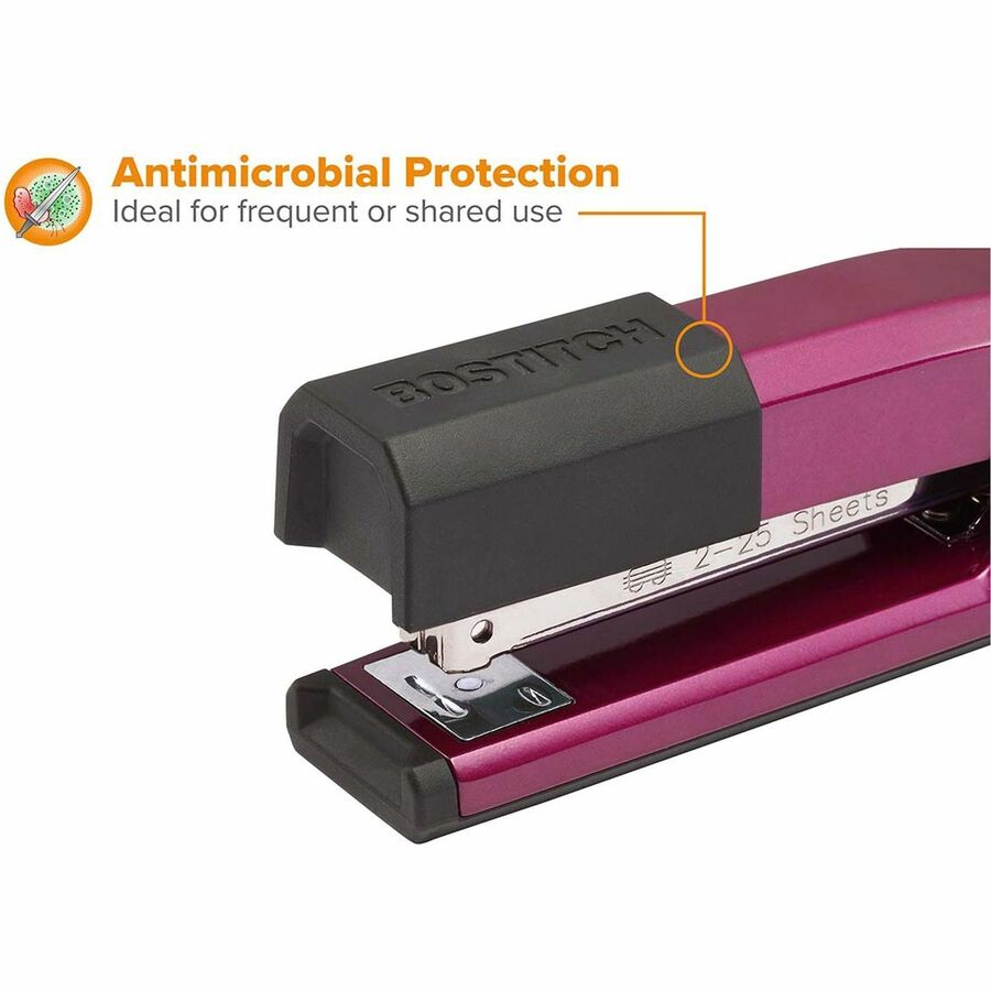 Bostitch Epic Antimicrobial Office Stapler - Staples Upto 25 Sheet - Holds Upto 210 Staple - Full Strip - Magenta - Rubber, Rubber, Metal - 1 Each