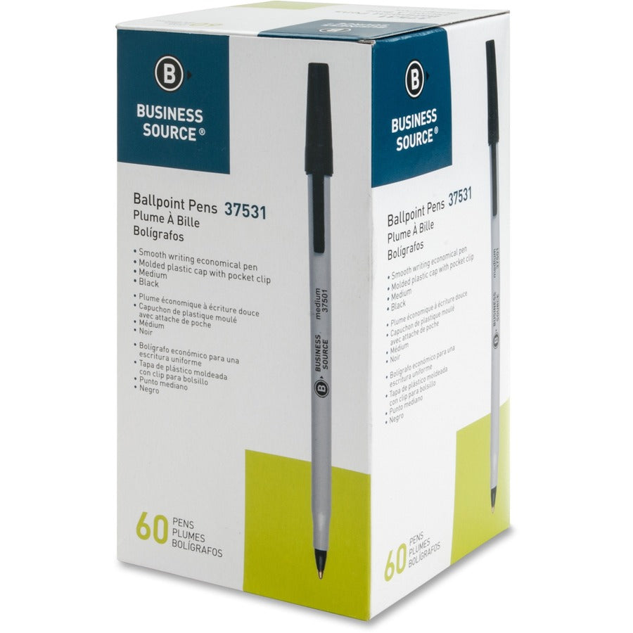 Business Source Bulk Pack Ballpoint Stick Pens - Medium Pen Point - Black Ink - Tungsten Carbide Tip - 60 / Box