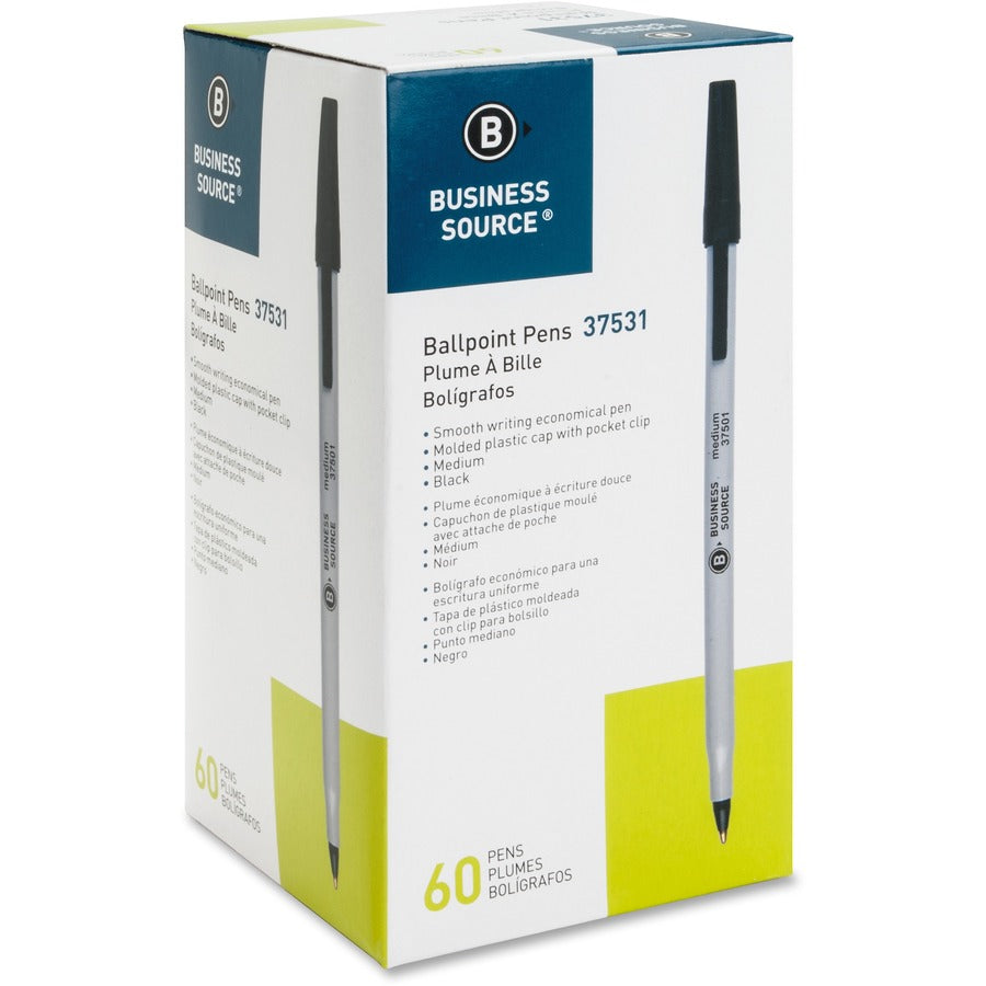 Business Source Bulk Pack Ballpoint Stick Pens - Medium Pen Point - Black Ink - Tungsten Carbide Tip - 60 / Box