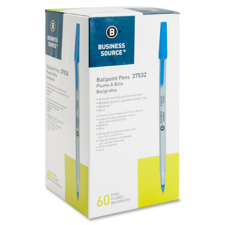 Business Source Bulk Pack Ballpoint Stick Pens - Medium Pen Point - Blue Ink - Tungsten Carbide Tip - 60 / Box