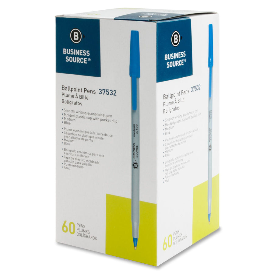 Business Source Bulk Pack Ballpoint Stick Pens - Medium Pen Point - Blue Ink - Tungsten Carbide Tip - 60 / Box