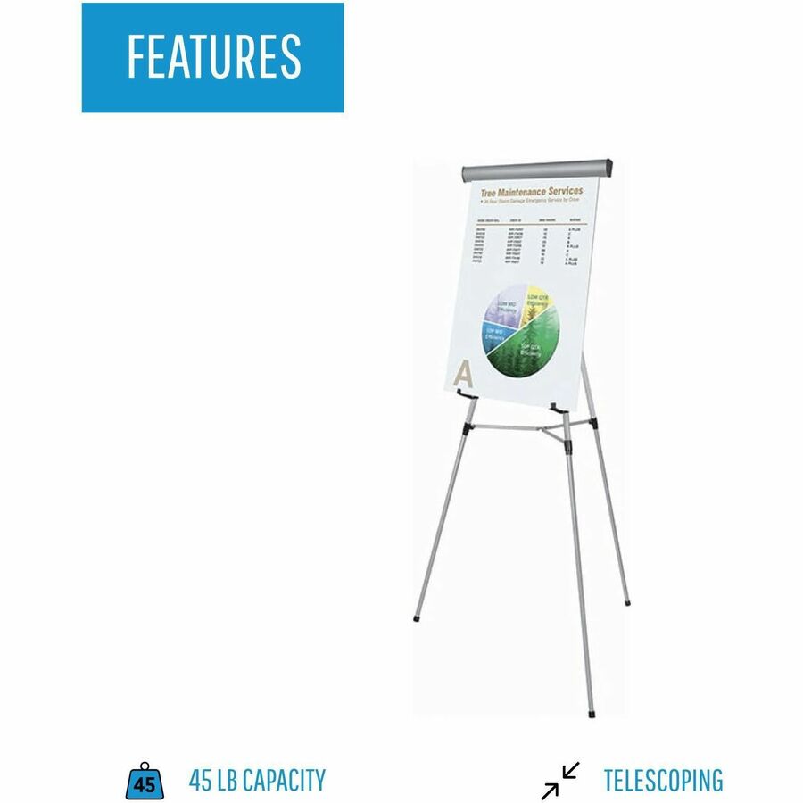 MasterVision 3-leg Display Easel - 45 lb Load Capacity - 69" Height x 28.50" Width x 34" Depth - Metal, Aluminum, Plastic, Rubber - Silver