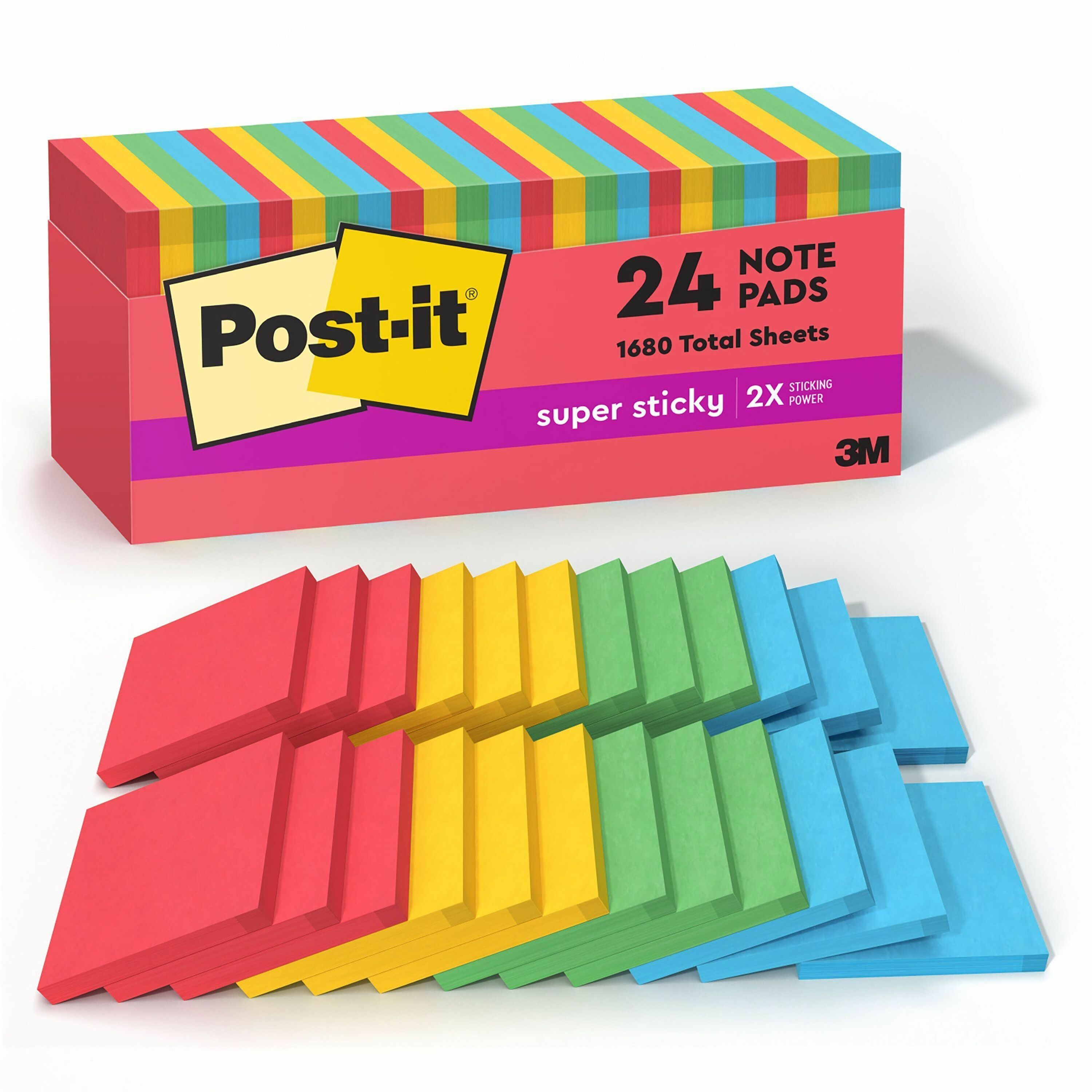 1680 x Electric Glow Assorted - 3" Flag/Note Width x 3" Flag/Note Length - Square - 70 Sheets per Pad - Unruled - Candy Apple Red, Sunnyside, Lucky Green, Blue Paradise - Paper - Self-adhesive, Repositionable - 24 / Pack