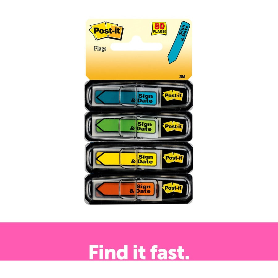 Post-it&reg; Arrow Message Flags - 80 - 1/2" Flag/Note Width x 1 3/4" Flag/Note Length - Arrow, Rectangle - Unruled - Sign & Date - Blue, Red, Green, Yellow, Assorted - Self-adhesive, Repositionable, Removable - Dispenser Included - 1 Pack