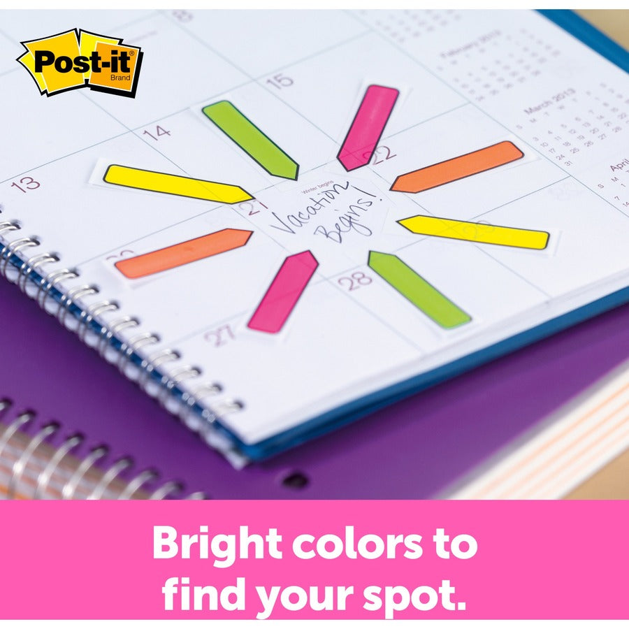 Post-it&reg; Arrow Message Flags - 80 - 1/2" Flag/Note Width x 1 3/4" Flag/Note Length - Arrow, Rectangle - Unruled - Sign & Date - Blue, Red, Green, Yellow, Assorted - Self-adhesive, Repositionable, Removable - Dispenser Included - 1 Pack