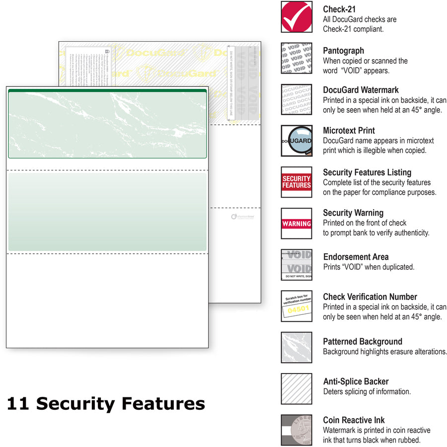 DocuGard Security Business Checks - Letter - 8 1/2" x 11" - 24 lb Basis Weight - Erasure Protection, Watermarked - Marble Green - 500 / Ream