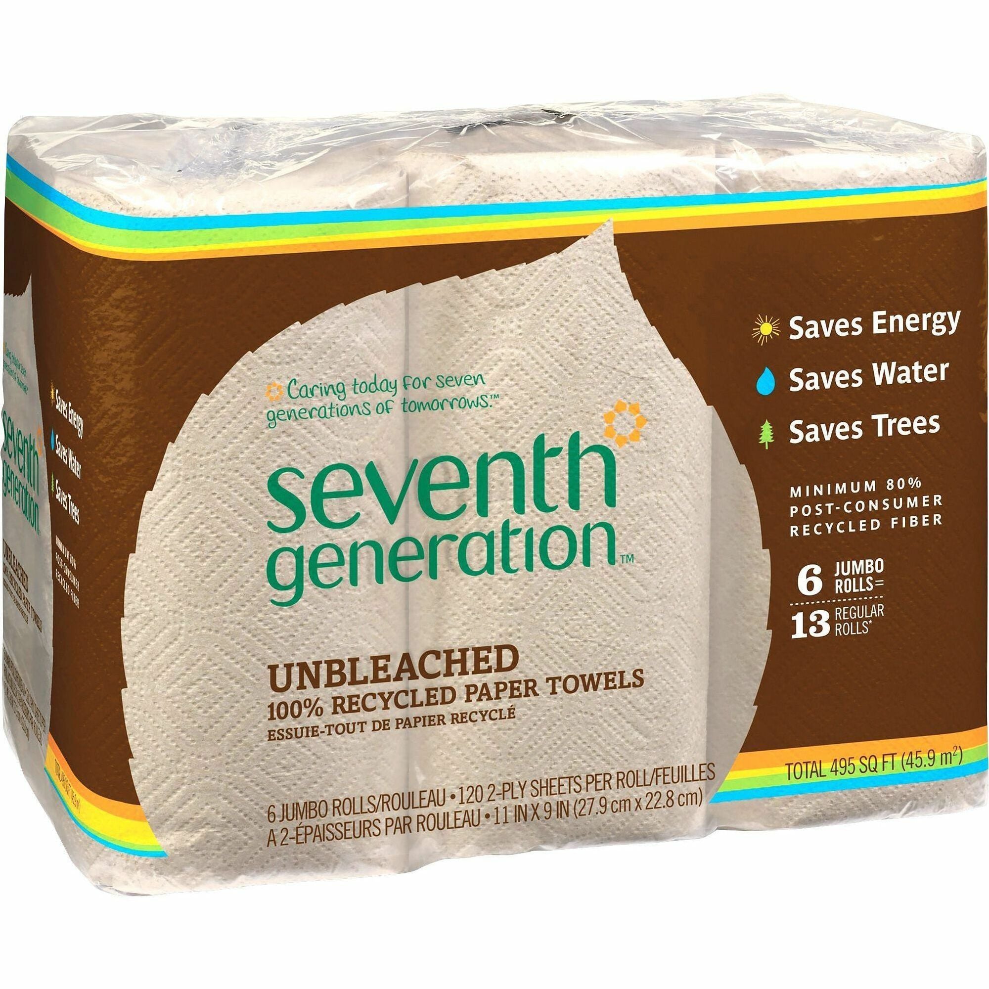 Seventh Generation 100% Recycled Paper Towels, 2 Ply, Natural, 11" x 9", 120 Sheets per Roll, 1 Pack