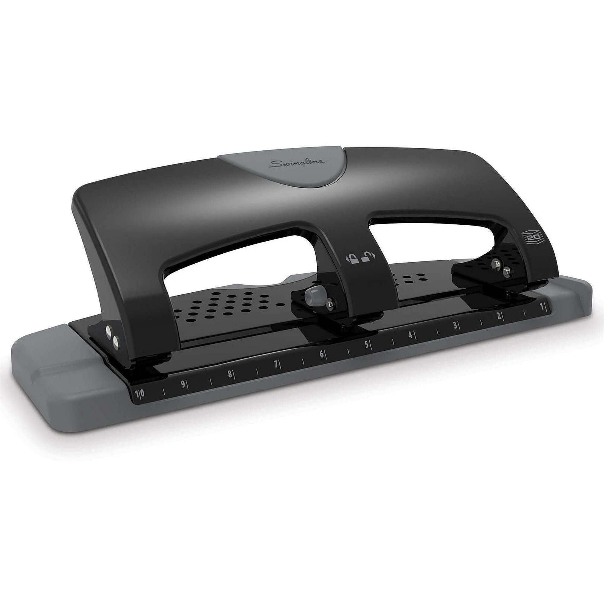Swingline SmartTouch Low-Force 3-Hole Punch, 3 Punch Heads, 20 Sheet Capacity, 9/32" Punch Size, Metal, Black/Gray, 1 Each