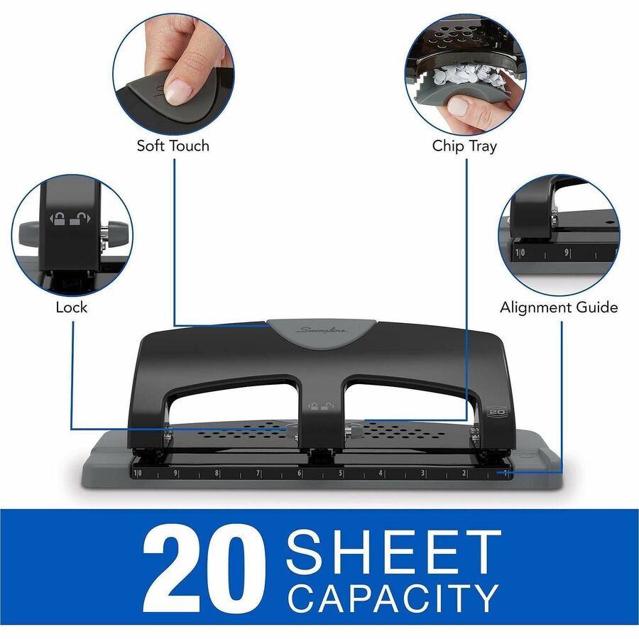 Swingline SmartTouch Low-Force 3-Hole Punch, 3 Punch Heads, 20 Sheet Capacity, 9/32" Punch Size, Metal, Black/Gray, 1 Each