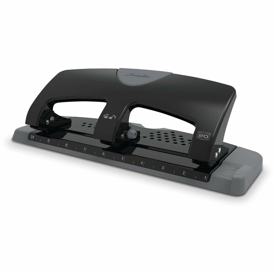 Swingline SmartTouch Low-Force 3-Hole Punch, 3 Punch Heads, 20 Sheet Capacity, 9/32" Punch Size, Metal, Black/Gray, 1 Each