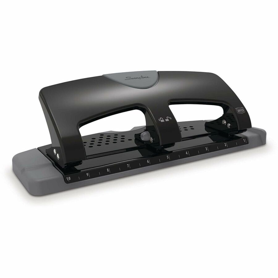 Swingline SmartTouch Low-Force 3-Hole Punch, 3 Punch Heads, 20 Sheet Capacity, 9/32" Punch Size, Metal, Black/Gray, 1 Each