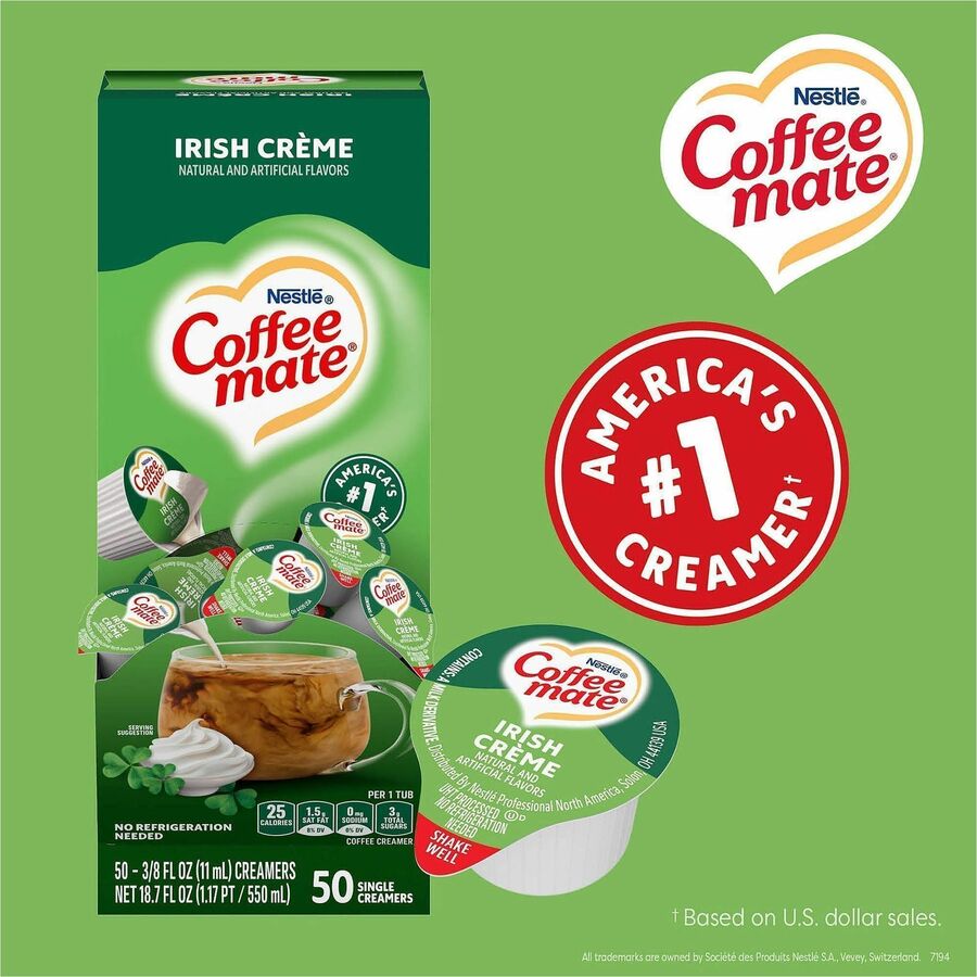 Coffee mate Irish Creme Nondairy Liquid Creamer Singles, Irish Cream Flavor, 0.38 fl oz (11 mL) Each, 50 Singles per Box