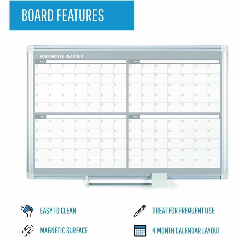Monthly - 4 Month - 36" x 24" Sheet Size - White, Silver - Aluminum, Porcelain - Accessory Tray, Magnetic, Dry Erase Surface, Scratch Resistant, Ghost Resistant - 1 Each