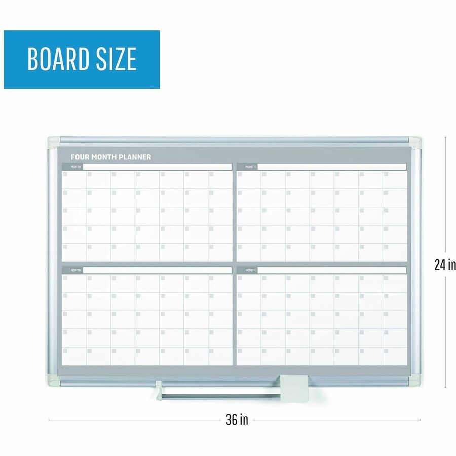 Monthly - 4 Month - 36" x 24" Sheet Size - White, Silver - Aluminum, Porcelain - Accessory Tray, Magnetic, Dry Erase Surface, Scratch Resistant, Ghost Resistant - 1 Each