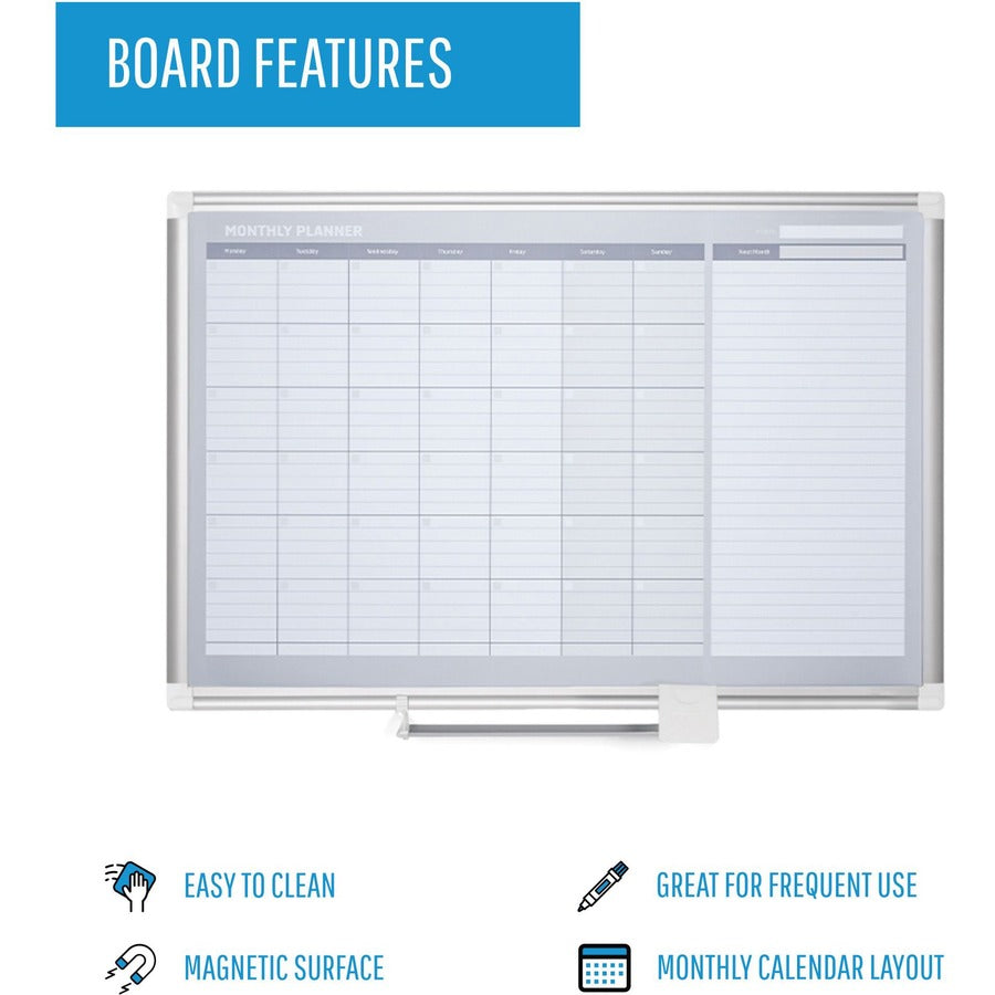 Monthly - White, Silver - Aluminum - 36" Height x 48" Width - Dry Erase Surface, Write on/Wipe off, Magnetic, Scratch Resistant, Ghost Resistant, Accessory Tray - 1 Each