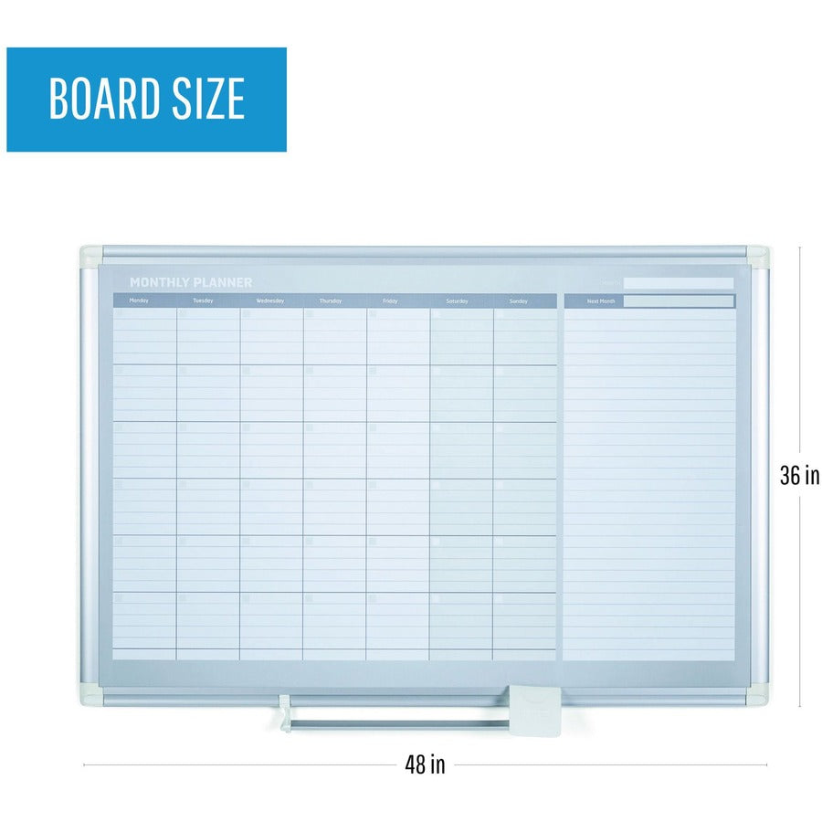 Monthly - White, Silver - Aluminum - 36" Height x 48" Width - Dry Erase Surface, Write on/Wipe off, Magnetic, Scratch Resistant, Ghost Resistant, Accessory Tray - 1 Each