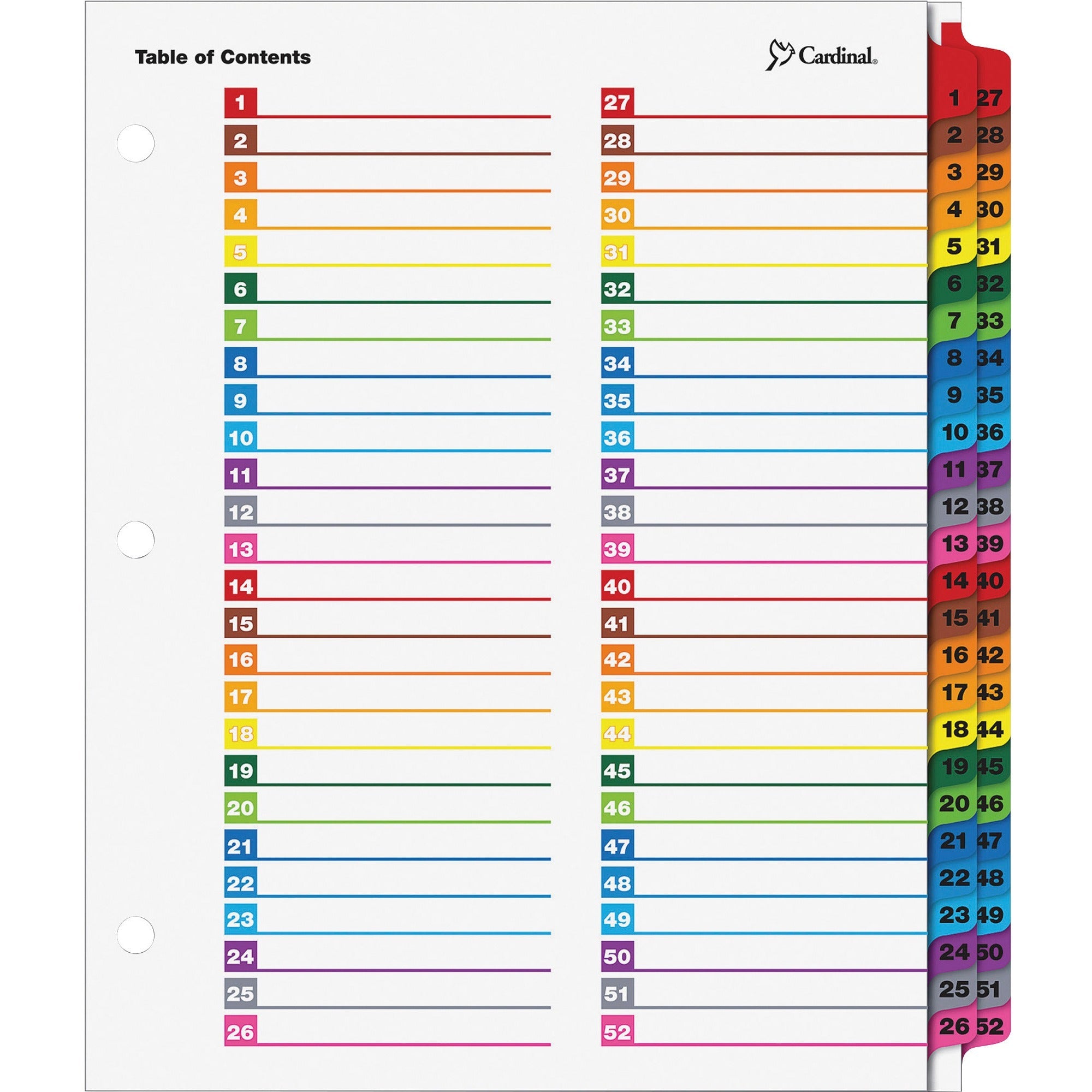 Cardinal OneStep Printable Dividers, 52 Print-on Tabs, 52 Tabs/Set, Letter Size, 8.5" x 11", 3-Hole Punched, Multicolor, Reinforced Edges and Tabs, 1 Pack