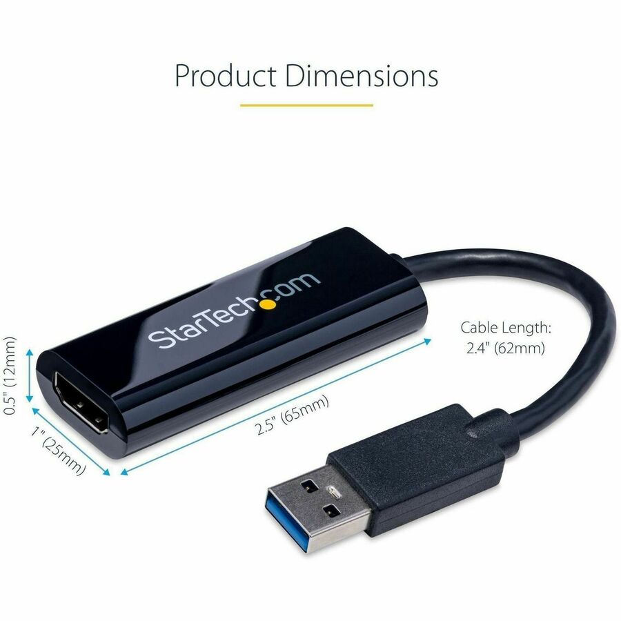 StarTech.com Slim USB 3.0 to HDMI Video Adapter, 1920 x 1200 Resolution, Black, 1 Each