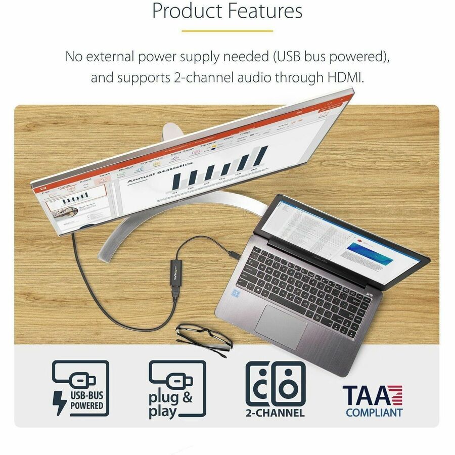 StarTech.com Slim USB 3.0 to HDMI Video Adapter, 1920 x 1200 Resolution, Black, 1 Each