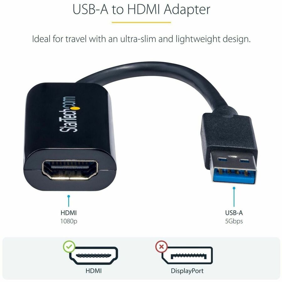 StarTech.com Slim USB 3.0 to HDMI Video Adapter, 1920 x 1200 Resolution, Black, 1 Each