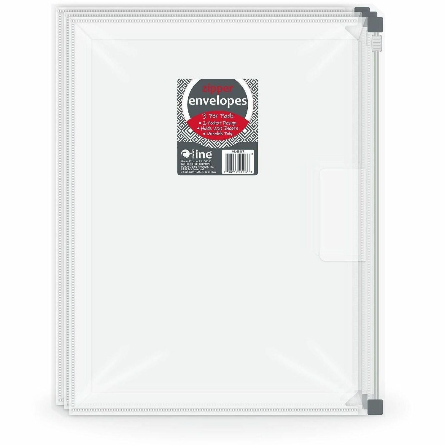 8 1/2" x 11" - 200 Sheets Capacity - Exterior Pocket(s) - Clear - Zipper Closure, Reusable, Archival-safe, Heavyweight - 3 / Pack