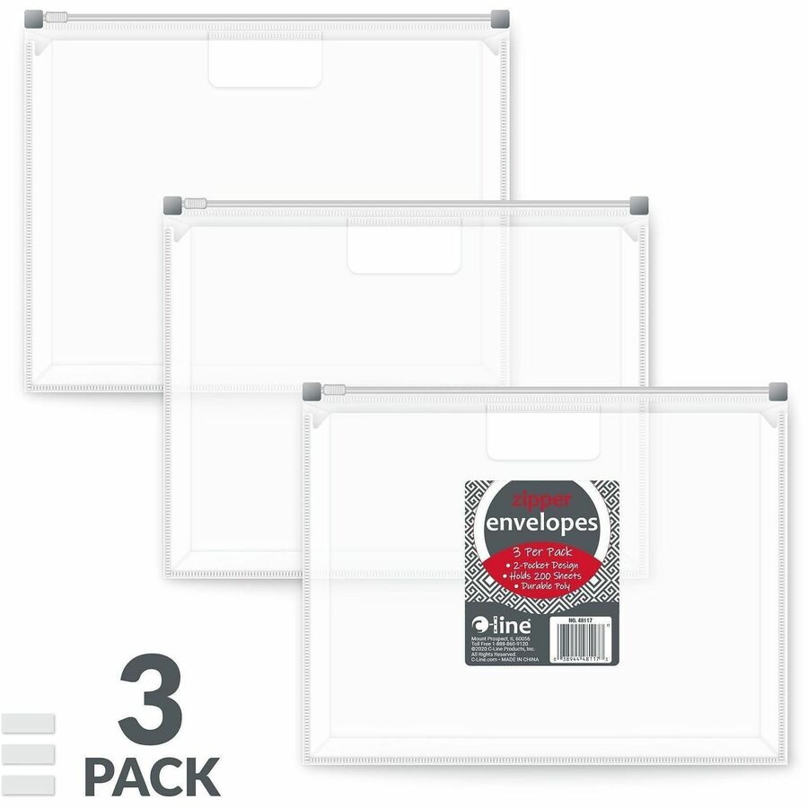 8 1/2" x 11" - 200 Sheets Capacity - Exterior Pocket(s) - Clear - Zipper Closure, Reusable, Archival-safe, Heavyweight - 3 / Pack