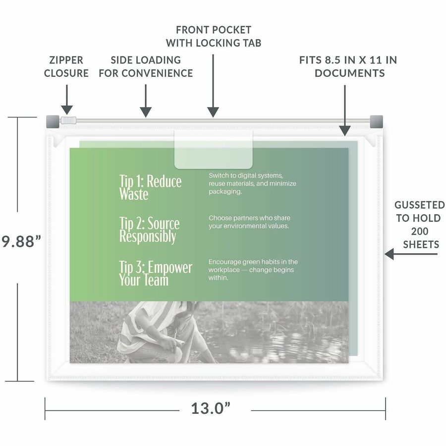 8 1/2" x 11" - 200 Sheets Capacity - Exterior Pocket(s) - Clear - Zipper Closure, Reusable, Archival-safe, Heavyweight - 3 / Pack