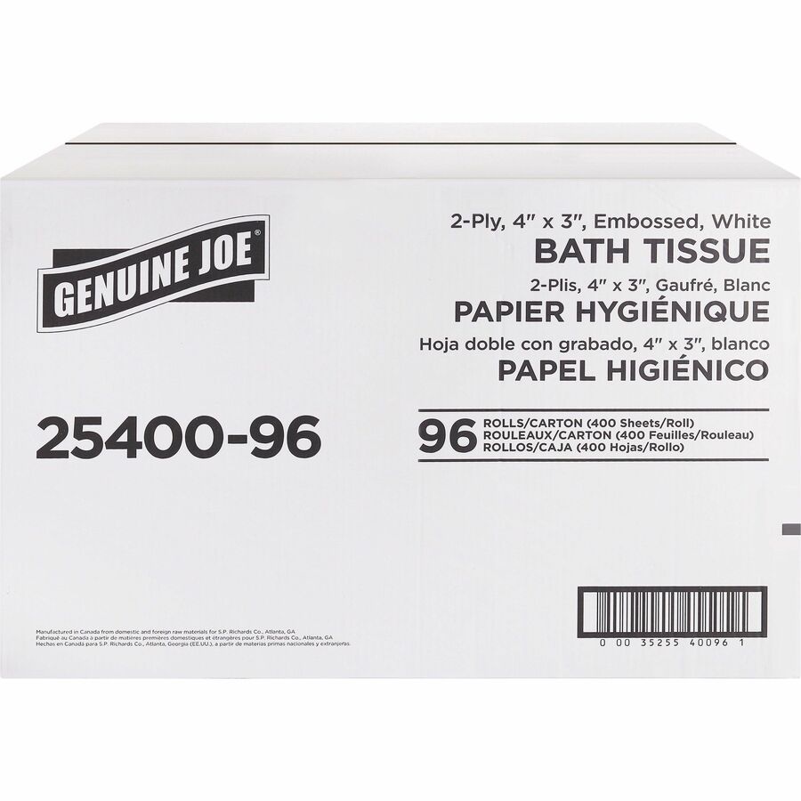 Genuine Joe 2-ply Standard Bath Tissue Rolls - 2 Ply - 3" Width x 4" Length - 400 Sheets/Roll - 1 5/8" Core - White - 96 / Carton