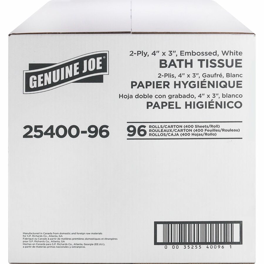 Genuine Joe 2-ply Standard Bath Tissue Rolls - 2 Ply - 3" Width x 4" Length - 400 Sheets/Roll - 1 5/8" Core - White - 96 / Carton