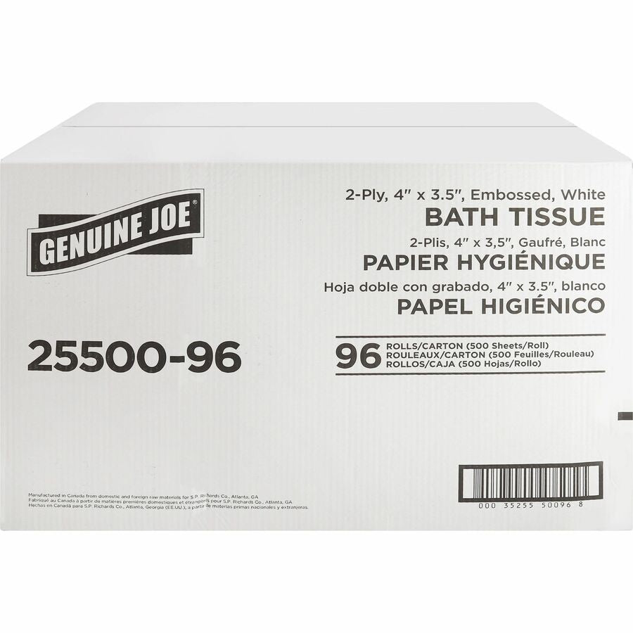 Genuine Joe 2-ply Standard Bath Tissue Rolls - 2 Ply - 4" Width x 3.20" Length - 500 Sheets/Roll - 1 5/8" Core - White - 96 / Carton