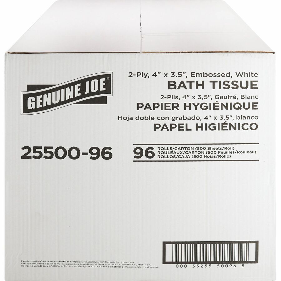 Genuine Joe 2-ply Standard Bath Tissue Rolls - 2 Ply - 4" Width x 3.20" Length - 500 Sheets/Roll - 1 5/8" Core - White - 96 / Carton