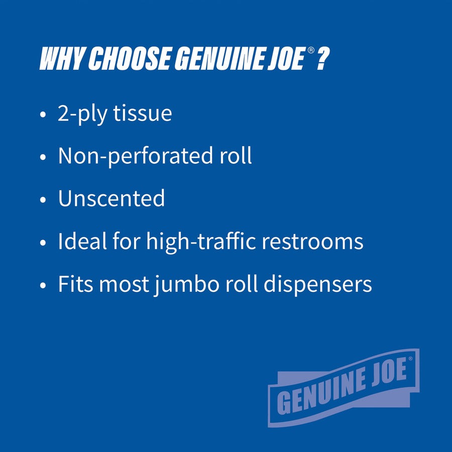 Genuine Joe 2-ply Jumbo Roll Dispenser Bath Tissue - 2 Ply - 3.30" Width x 650 ft Length - 3 19/64" Core - White - 12 / Carton
